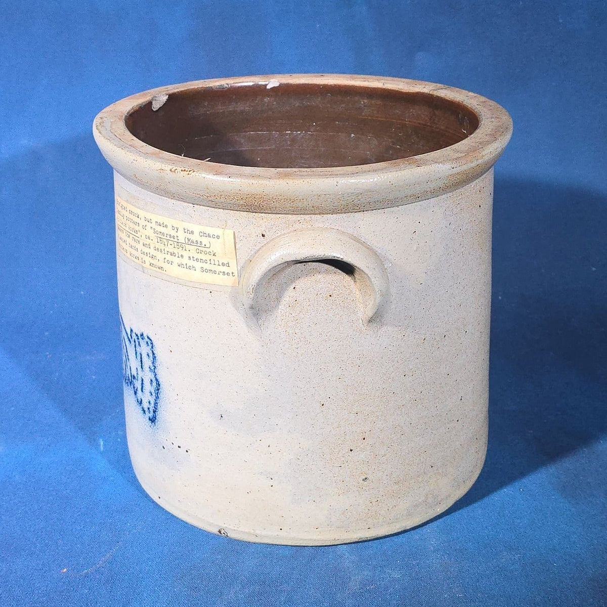 Antique Salt-Glazed Stoneware Crock with Blue Stenciled Clasped Hands Design, Attributed to Somerset Potters Works, Somerset, Massachusetts, Circa 1847-1891