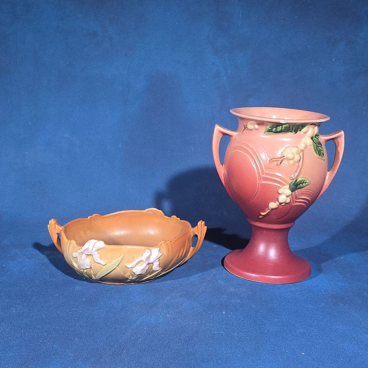 Pair of Vintage Roseville Pottery Pieces including Snowberry Pattern Pedestal Vase 1UR-8 in Pink and Iris Pattern Console Bowl 360-6 in Brown, Note Chips to Both Pieces