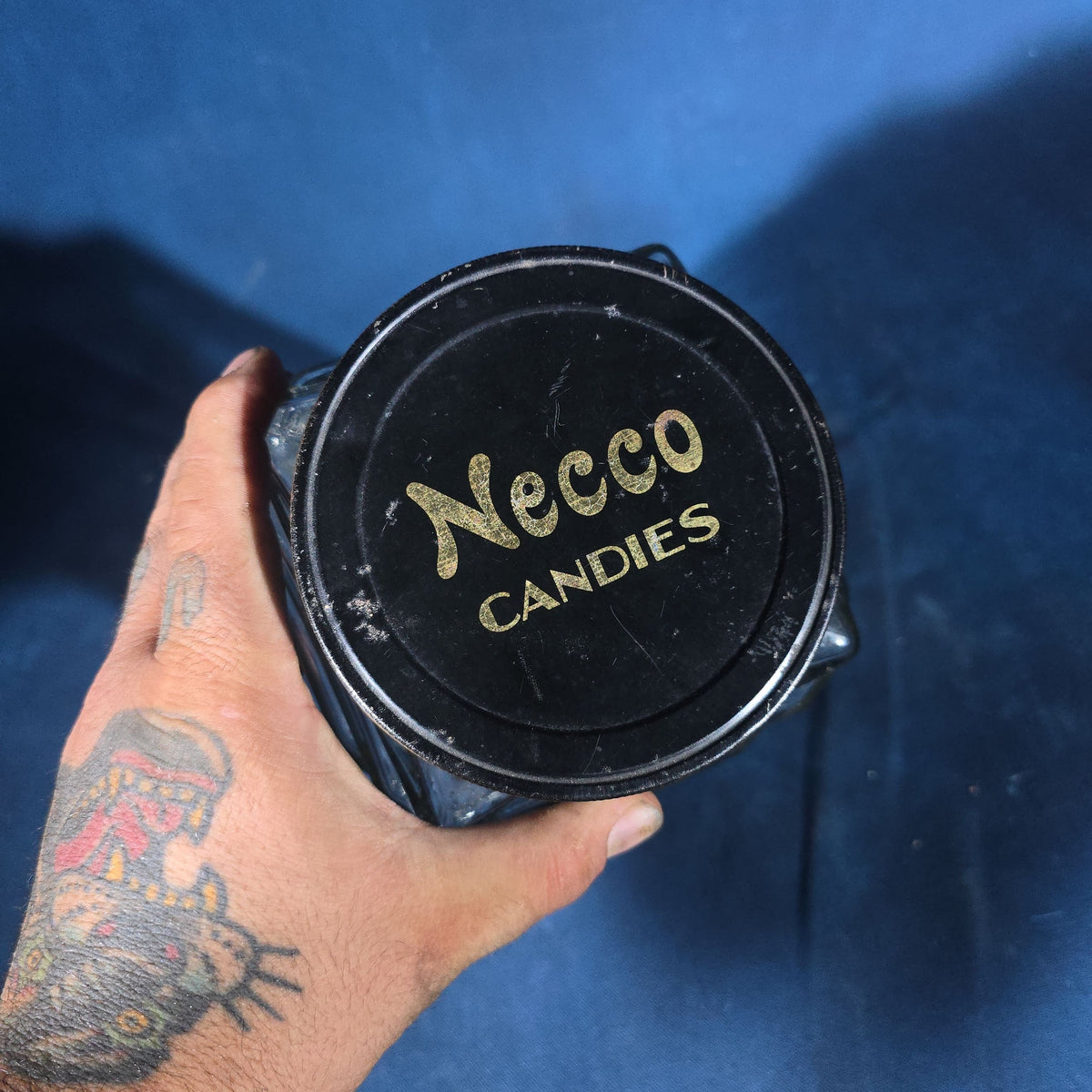 Vintage Necco Candies Glass Counter Jar with Metal Lid