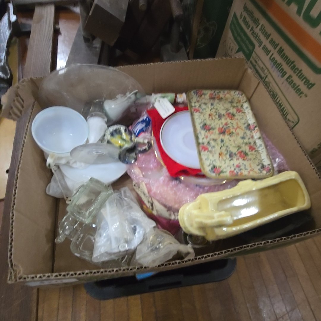 box lot of vintage housewares, plates, and more
