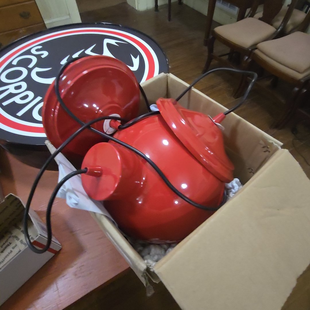box lot with modern red hanging lamps