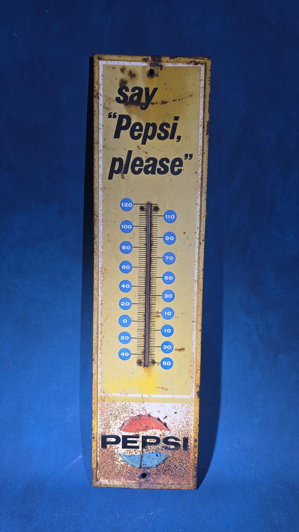Vintage "Say Pepsi, Please" Tin Lithograph Advertising Thermometer, Manufactured by Scioto Sign, Kenton, Ohio, 1964