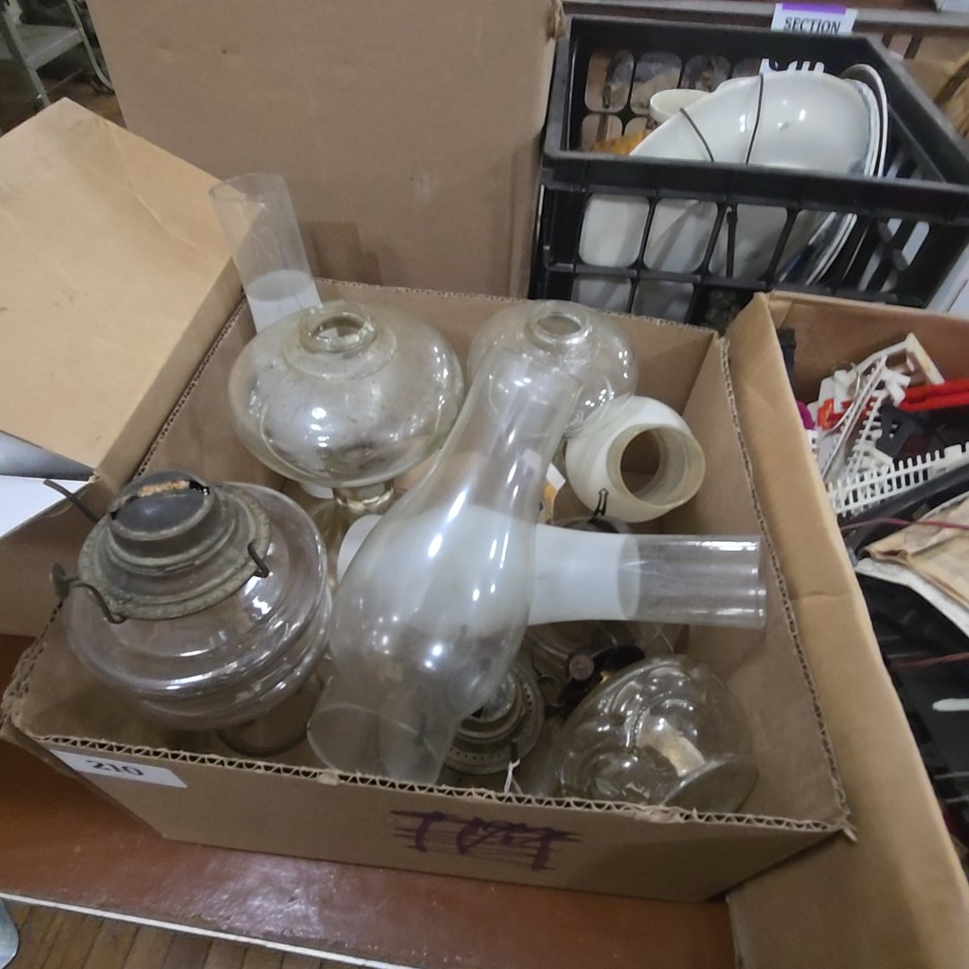box lot with glass kerosene lamps and chimneys