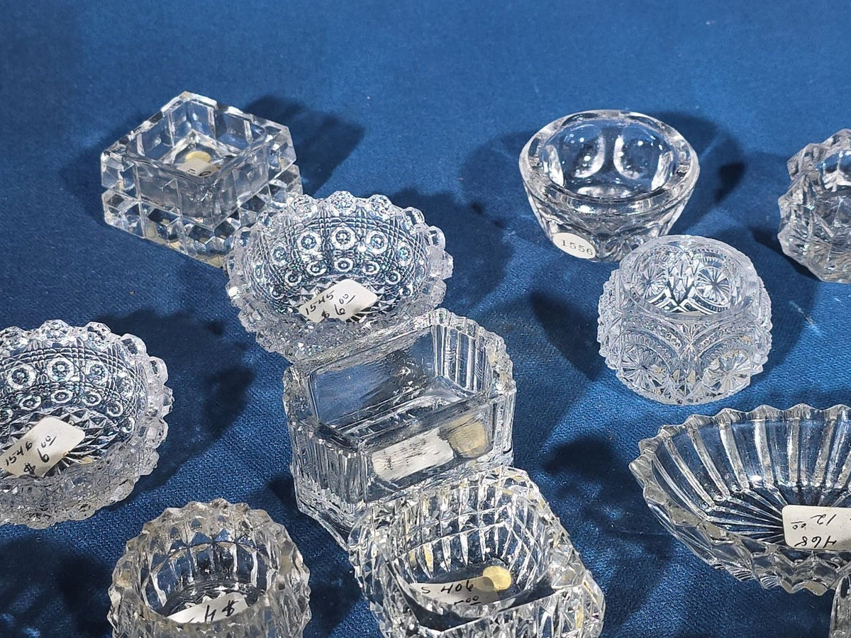 Grouping of 20 Antique and Vintage Pressed and Cut Glass Salt Cellars including Uranium Glass Salt Cellar