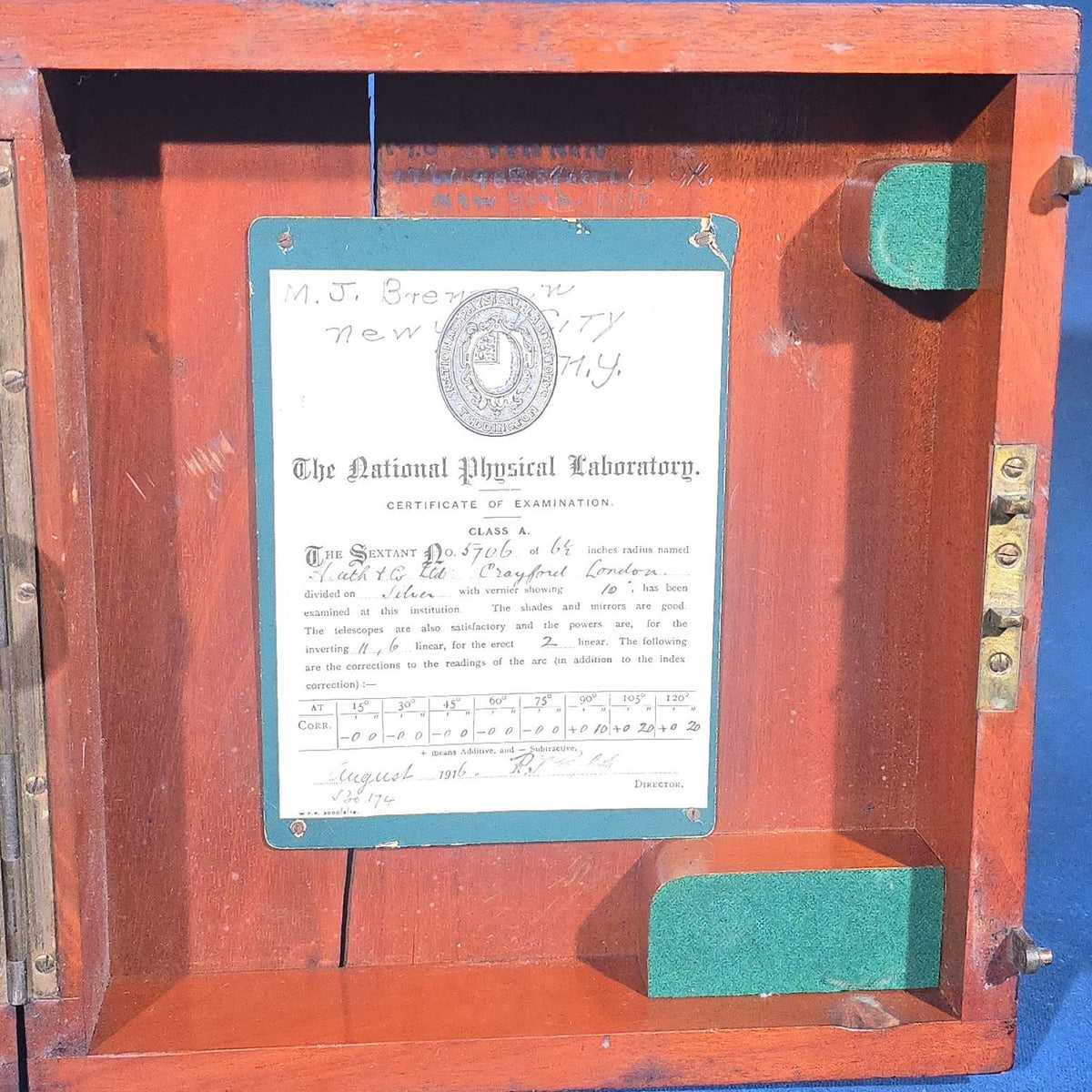 Antique Maritime Sextant No. 5706, Manufactured by Heath & Co. Ltd., Crayford, London, Engraved "Humphrey Matthews. R.N.," in Mahogany Case with 1916 National Physical Laboratory Certificate