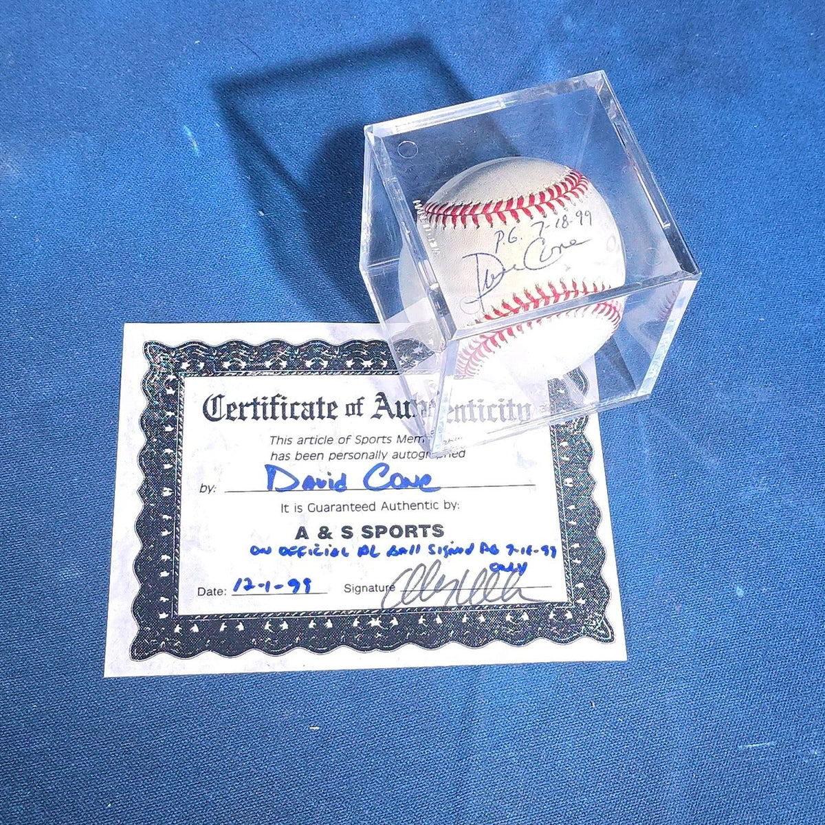 Vintage David Cone Signed Official American League Baseball Inscribed "P.G. 7-18-99" with Certificate of Authenticity