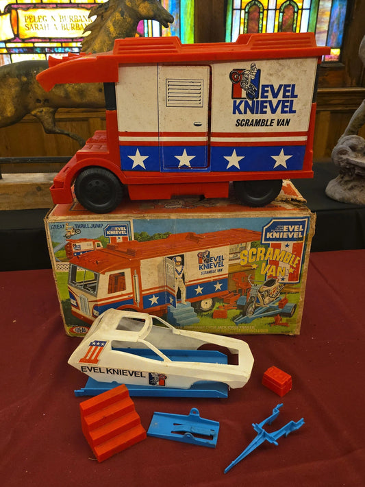 Vintage Evel Knievel Scramble Van Toy with Accessories and Original Box, Manufactured by Ideal Toy Corp., Hollis, New York, 1973