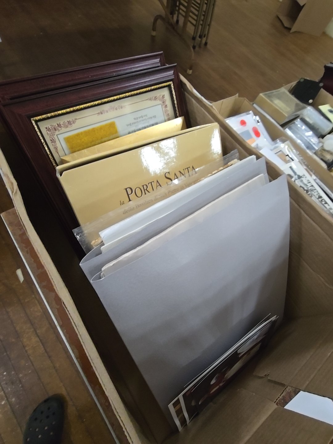 box lot of commemorative religious ephemera and framed swatches