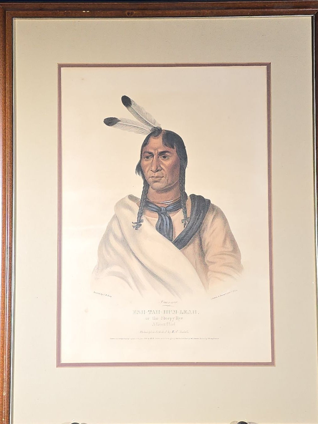 Antique Hand-Colored Lithograph Print, "Esh-Tah-Hum-Leah, or the Sleepy Eye, A Sioux Chief," Painted by C.B. King, Lehman & Duval Lithographers, Published by E.C. Biddle, Philadelphia, Pennsylvania, 1836