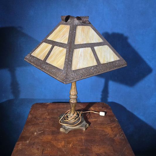 Antique Arts and Crafts Slag Glass Table Lamp with Pyramidal Shade and Cast Metal Base