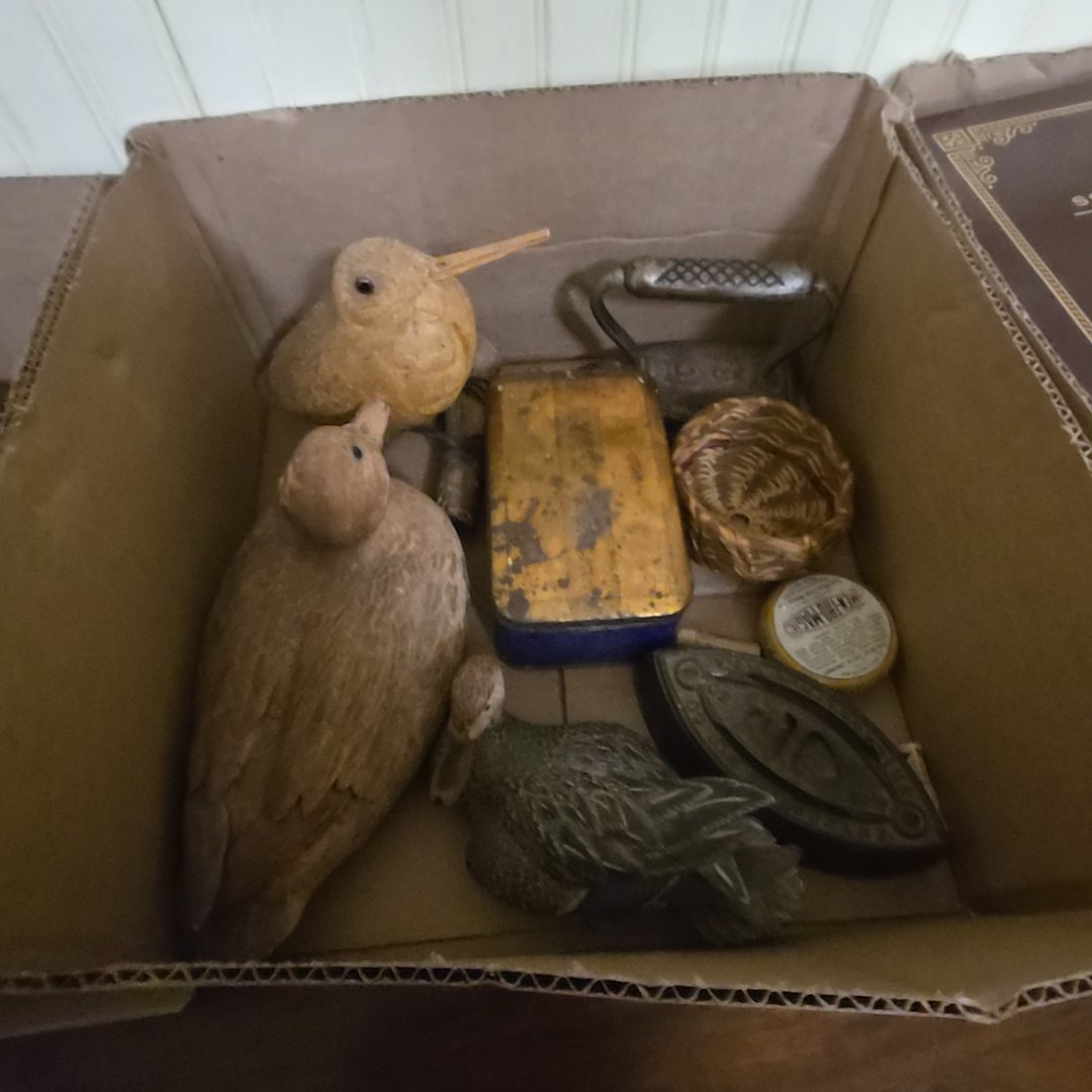 box lot with decoys irons and more