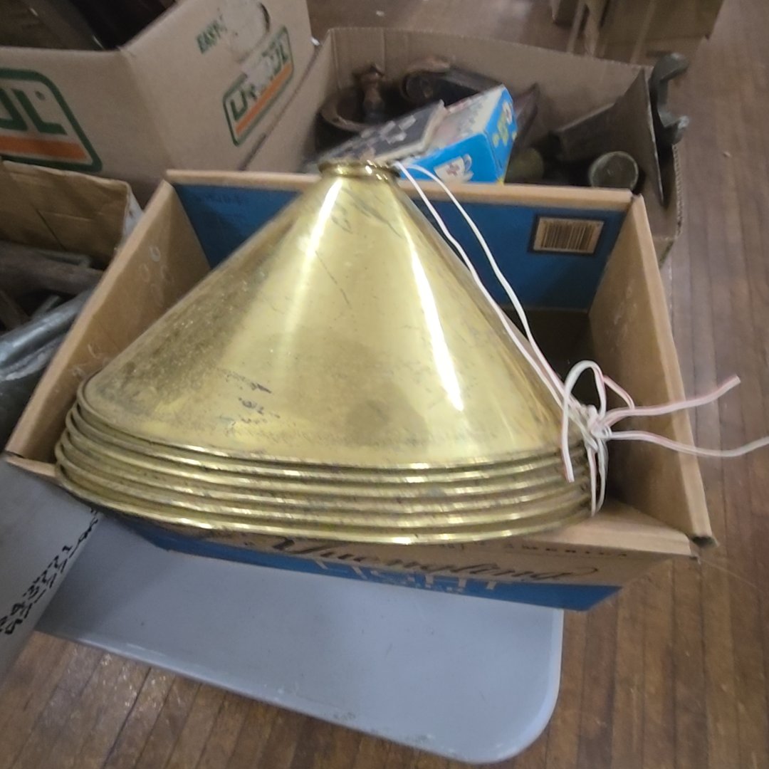 box lot with brass lamp shades