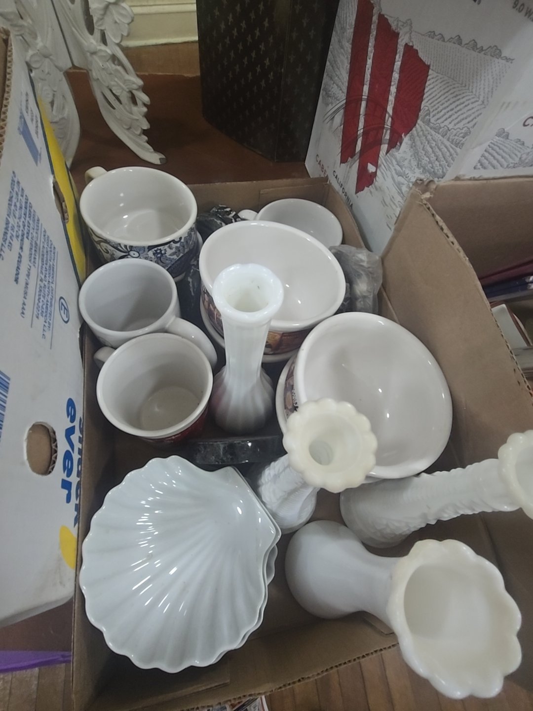 box lot with milk glass and soup Bowls
