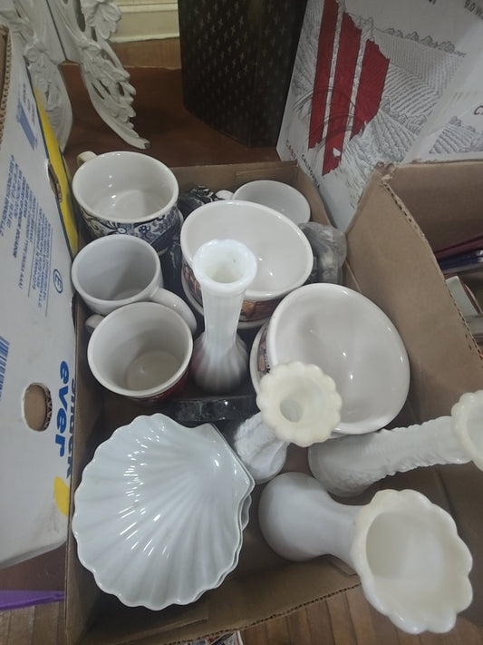 box lot with milk glass and soup Bowls