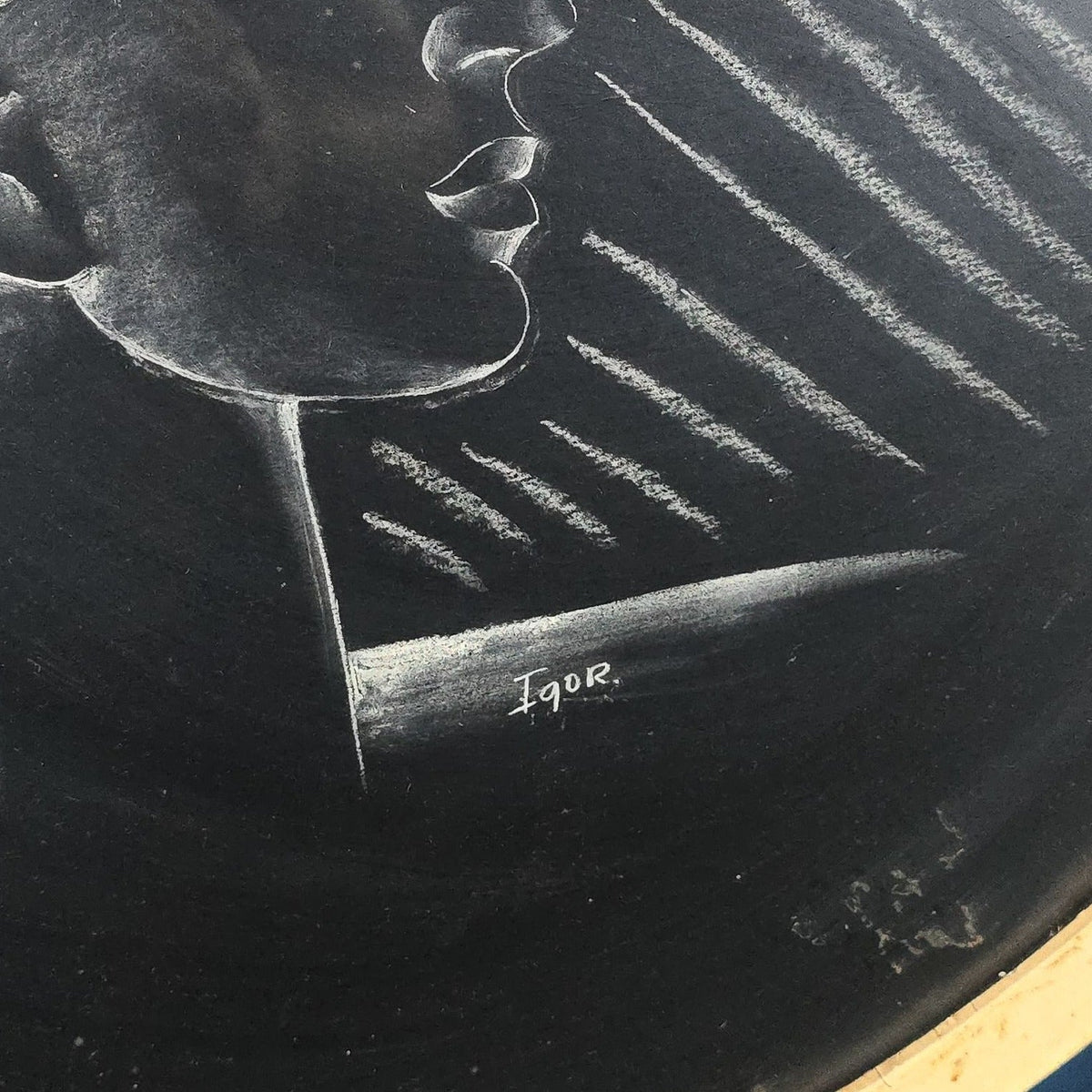 Vintage Round Painting on Board, Figure with Horses, Signed "Igor," Inscribed Verso 1971