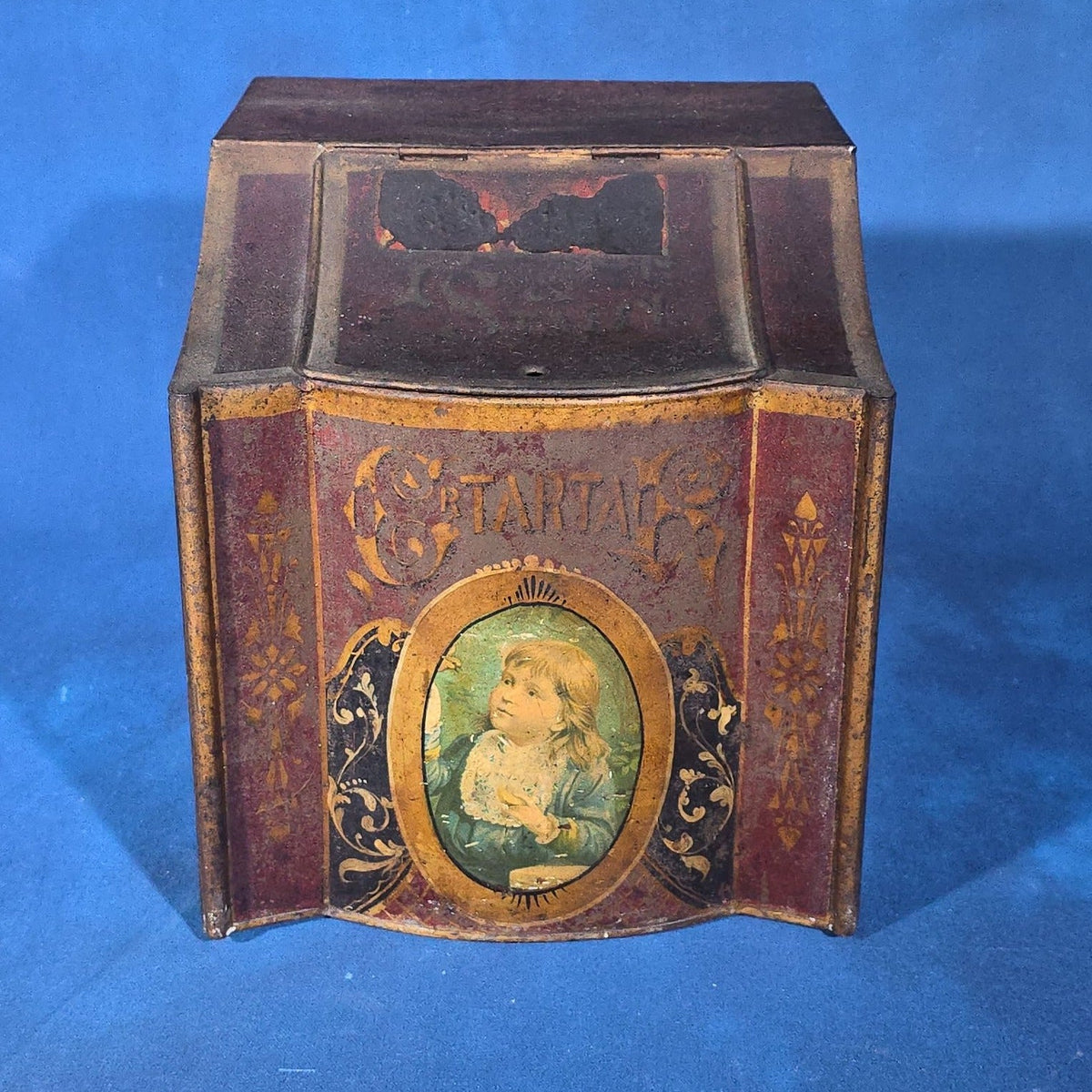 Antique Tin Lithograph General Store Cream of Tartar Bin with Child Portrait Medallion