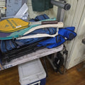 Lot 058 - Outdoor and Athletic Grouping with Folding Chair, Duffle Bags, Step Machine, Tennis Rackets, and Cooler