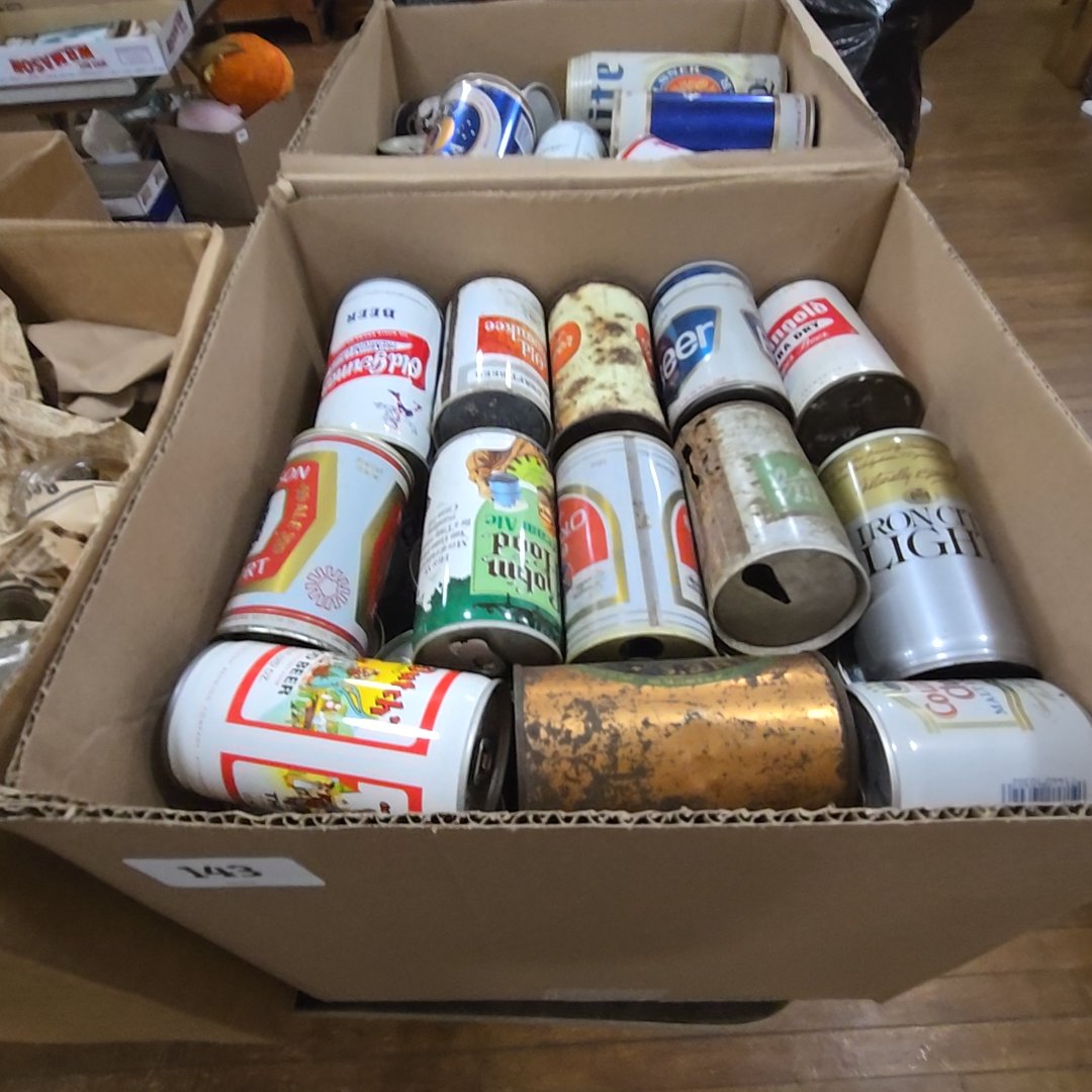 box lot of vintage beer cans