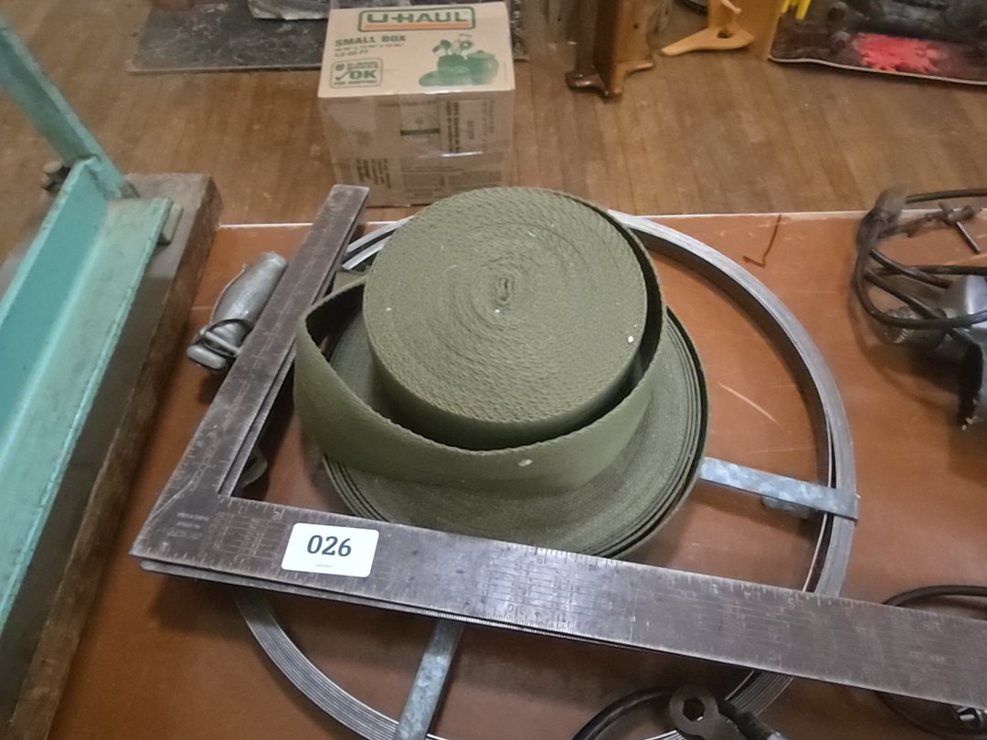 tool grouping with metal squares, canvas strapping, and metal strapping