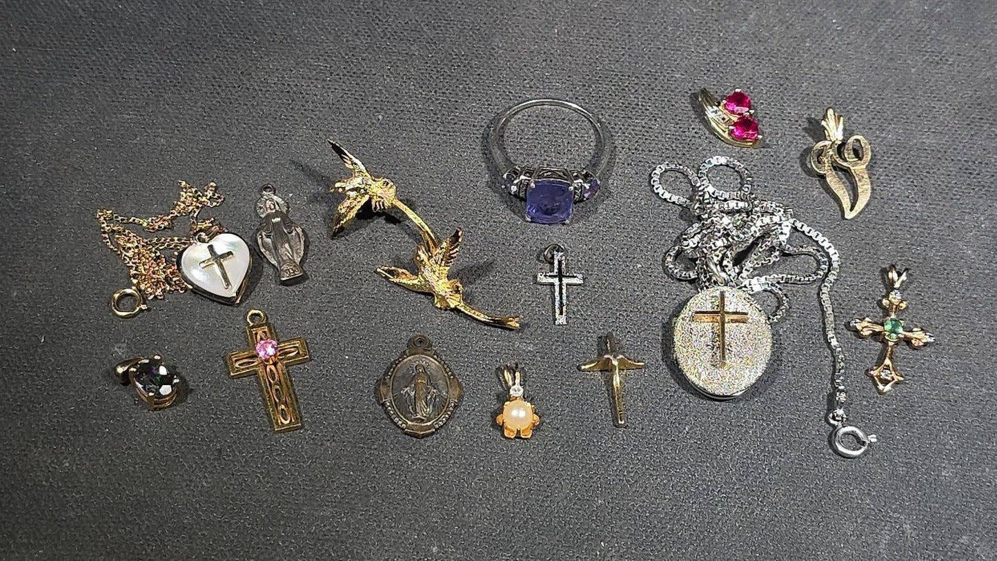 Grouping of Vintage and Modern Jewelry Pieces Including Two 14k Gold Pieces at 2.29 Grams Total Weight, One 10k Gold Piece at 0.99 Grams Total Weight, Sterling Silver Ring, Gold-Filled, and Costume Pieces
