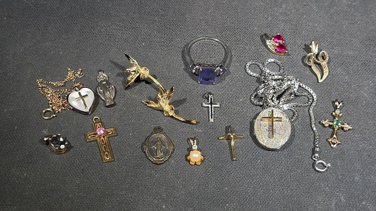Grouping of Vintage and Modern Jewelry Pieces Including Two 14k Gold Pieces at 2.29 Grams Total Weight, One 10k Gold Piece at 0.99 Grams Total Weight, Sterling Silver Ring, Gold-Filled, and Costume Pieces