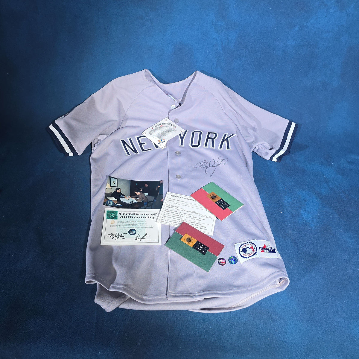 Vintage Roger Clemens Signed New York Yankees #12 Away Jersey with Upper Deck and Super Star Greetings Certificates of Authenticity