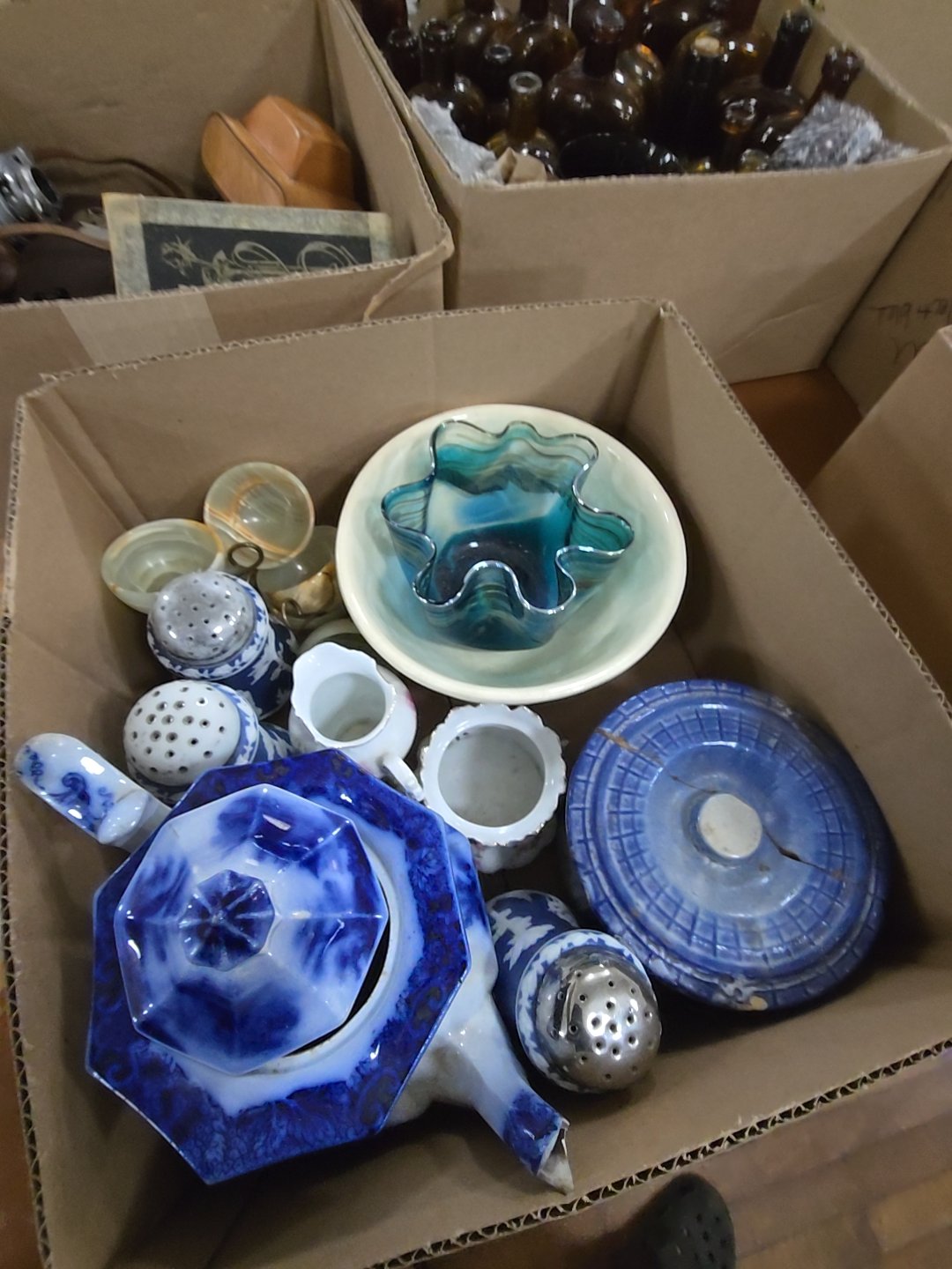 box lot with Ironstone and the glassware