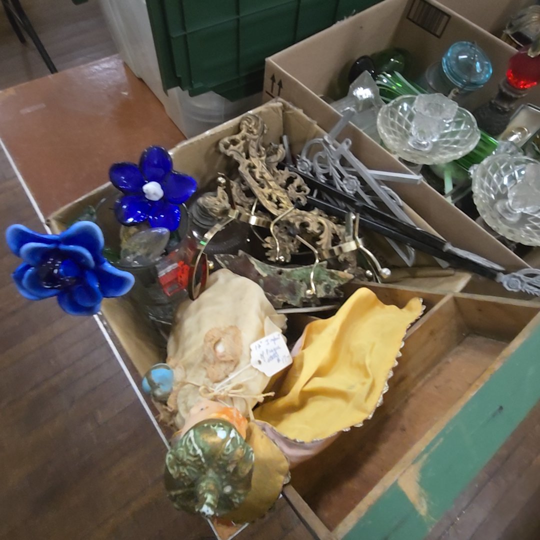 box lot with metal and wooden hardware, infant de prague, and tray