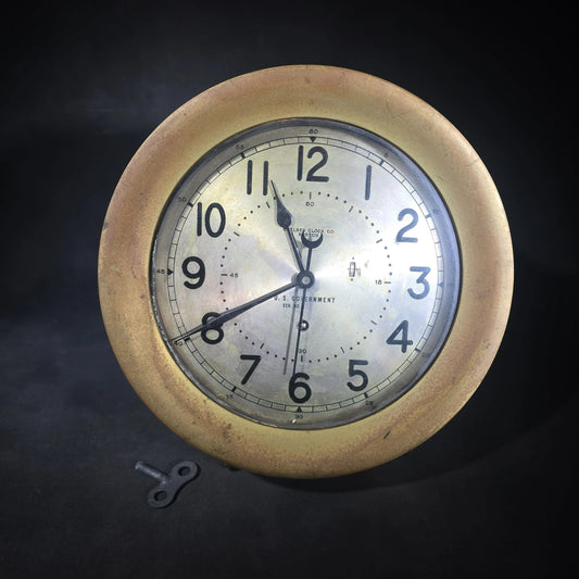 Vintage U.S. Government Ship's Clock in Brass Case with Key, Manufactured by Chelsea Clock Co., Boston, Massachusetts, Serial No. 599500