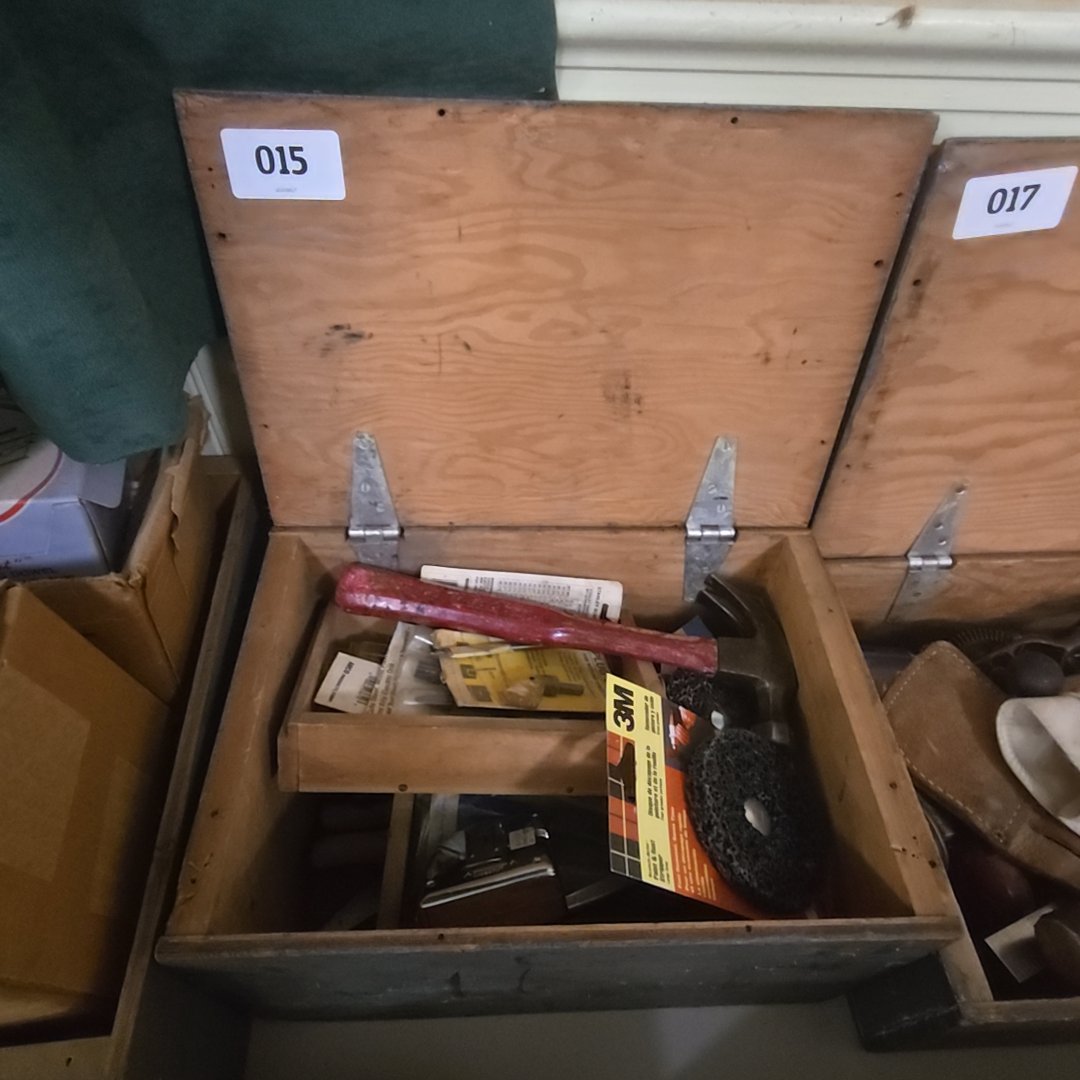 wooden box lot grouping with tools including Hammer abrasive discs punches and more