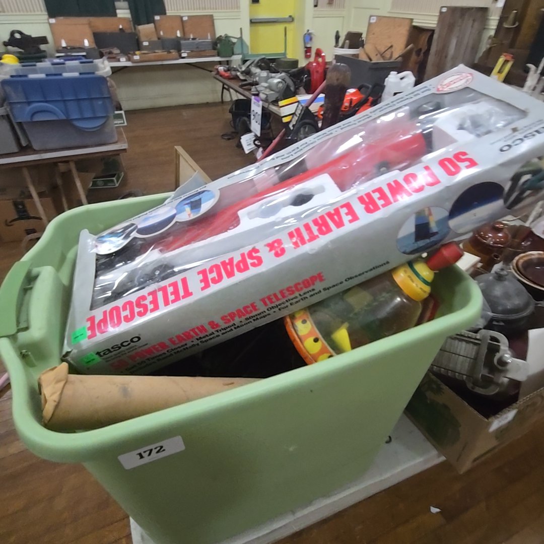 box lot of miscellaneous toys including telescope