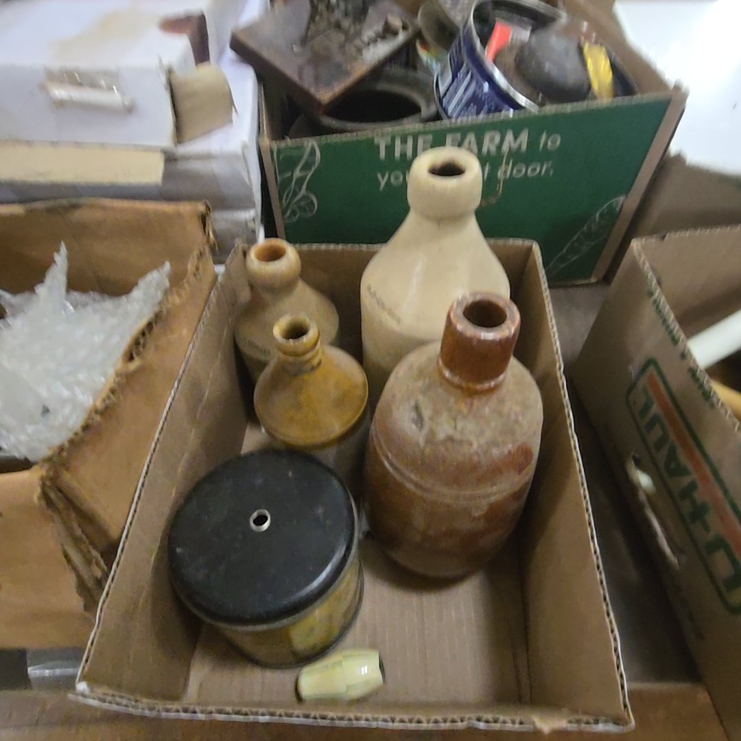 box lot of stoneware bottles and string holder