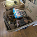 Lot 151 - Box Lot with Wooden Furniture Fragments, Tools, and Camera