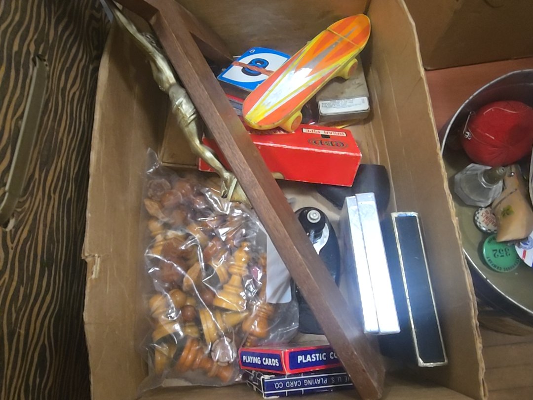 box lot with game pieces cross and Inkwell