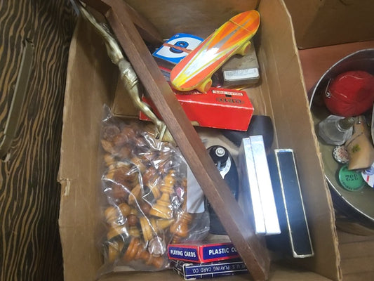 box lot with game pieces cross and Inkwell
