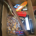 Lot 002 - Box Lot with Game Pieces Cross and Inkwell