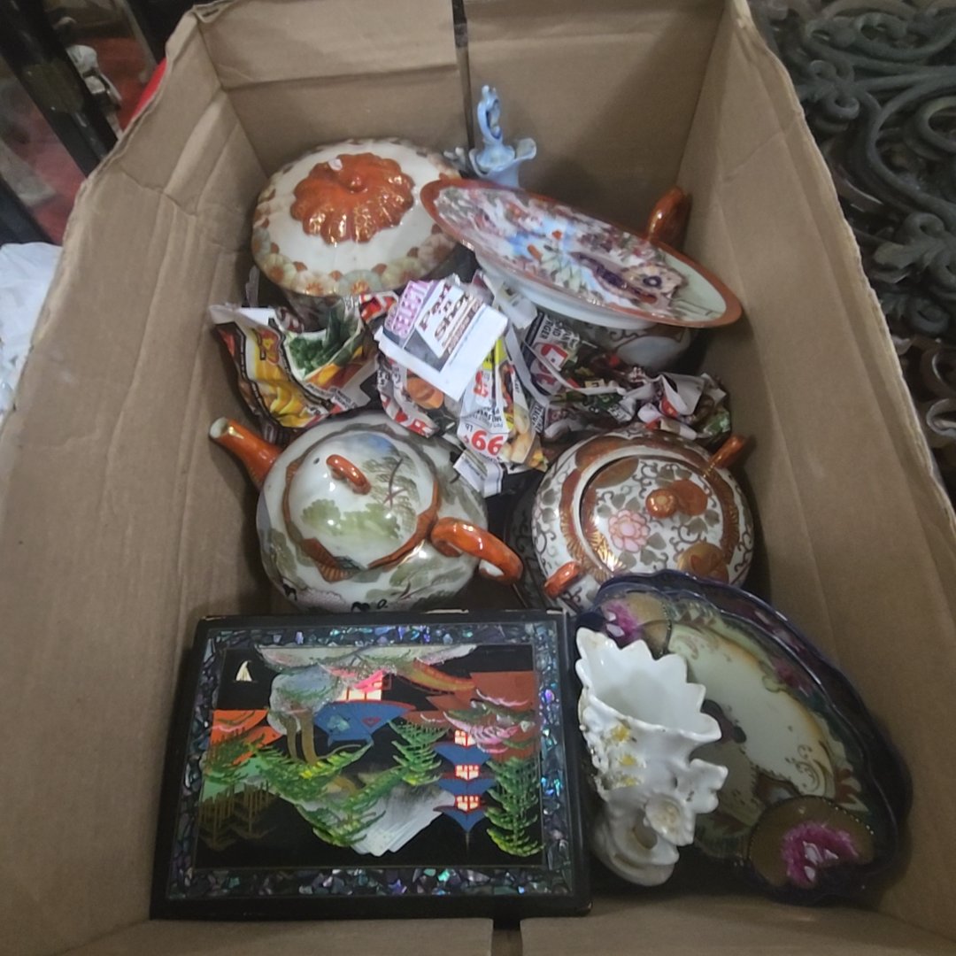 collection of vintage Asian pottery and jewelry box