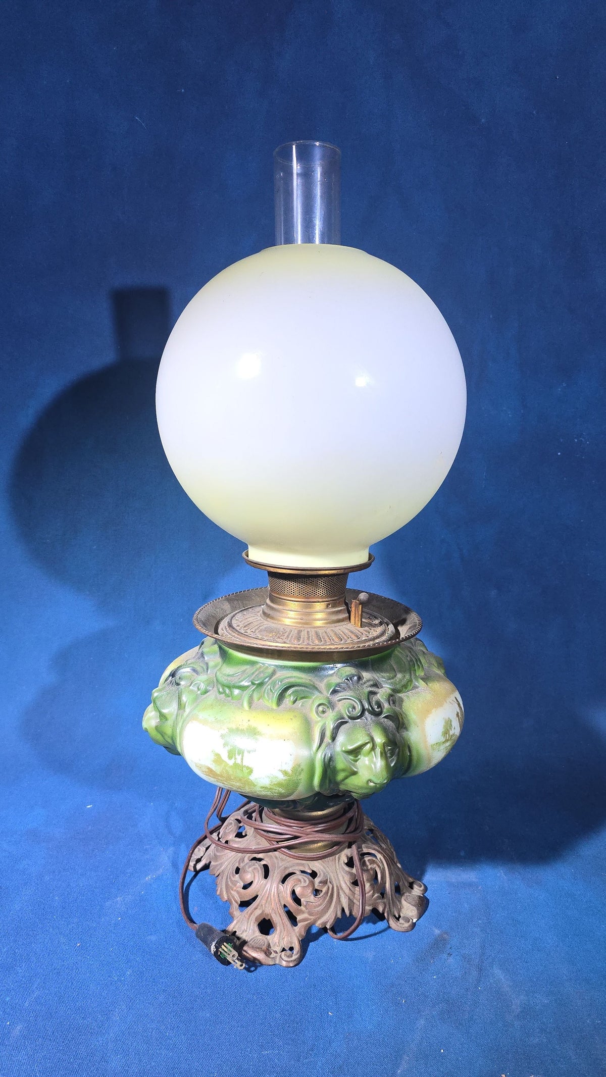 Antique Converted Kerosene Parlor Lamp with Lion Head Font and Tropical Scenes, Frosted Globe and Chimney, Font Marked Miller