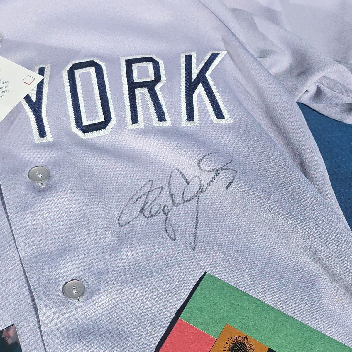 Vintage Roger Clemens Signed New York Yankees #12 Away Jersey with Upper Deck and Super Star Greetings Certificates of Authenticity
