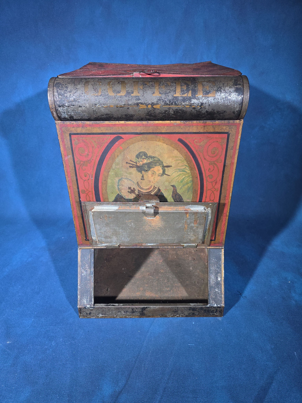 Antique Hand-Painted and Lithographed General Store Coffee Bin with Japanesque Portrait of a Woman with Bird