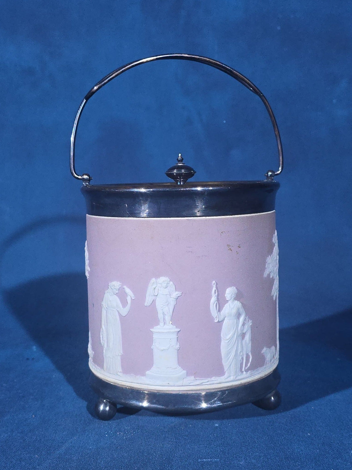 Antique Wedgwood Lilac Jasperware Biscuit Barrel with Silver-Plated Lid, Handle, and Base