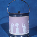 Lot 130 - Antique Wedgwood Lilac Jasperware Biscuit Barrel with Silver-Plated Lid, Handle, and Base, 6-5/8" H