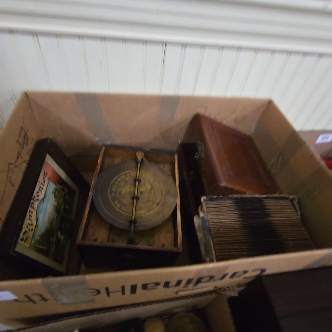 box lot with antique disc players and discs, for parts or repair