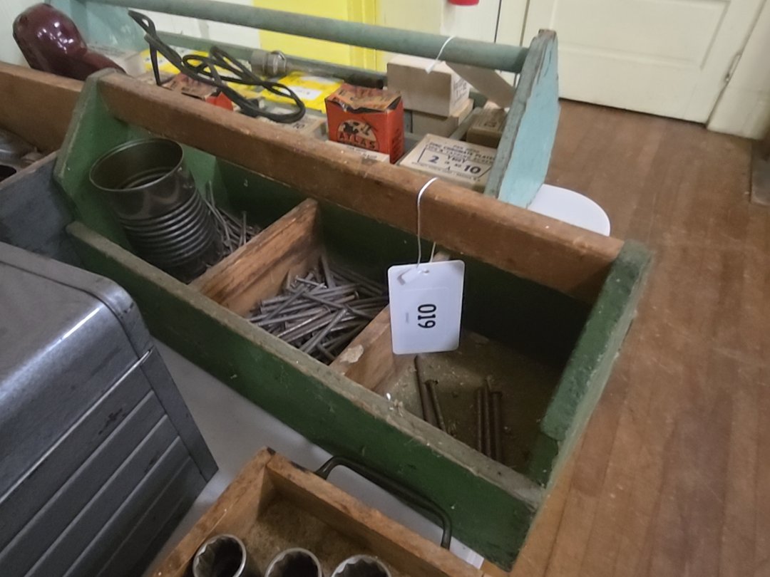 vintage wooden shopmade nail carrier with old green paint
