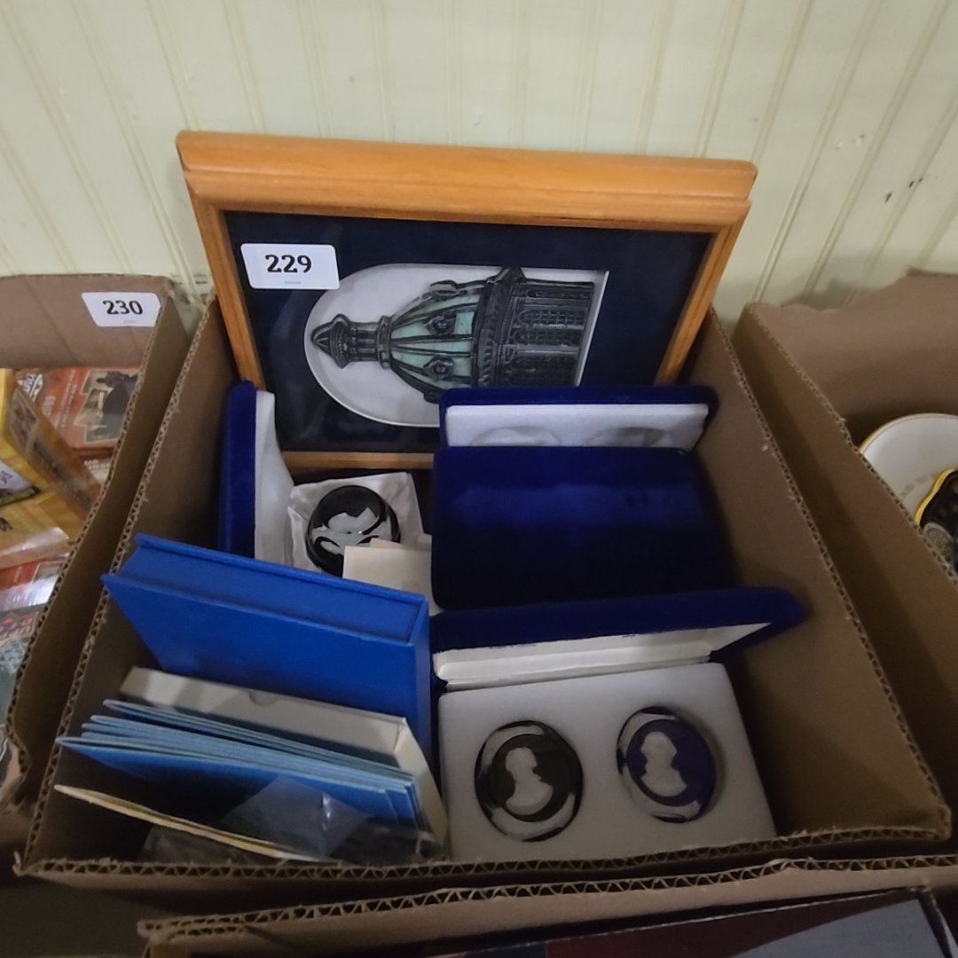 box lot of commemorative paperweights and more