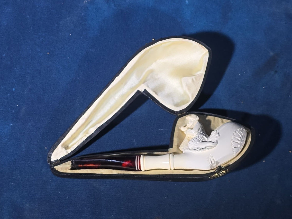 Vintage Carved Meerschaum Pipe with Figural Hunter Smoking a Pipe, in Fitted Case