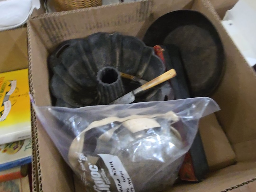 box lot of metal items including early militia canteen
