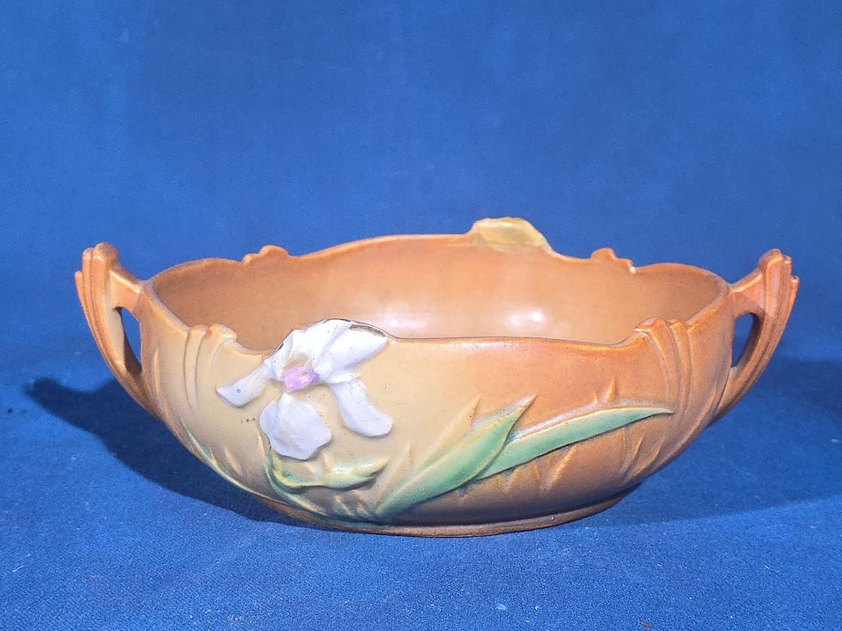 Pair of Vintage Roseville Pottery Pieces including Snowberry Pattern Pedestal Vase 1UR-8 in Pink and Iris Pattern Console Bowl 360-6 in Brown, Note Chips to Both Pieces