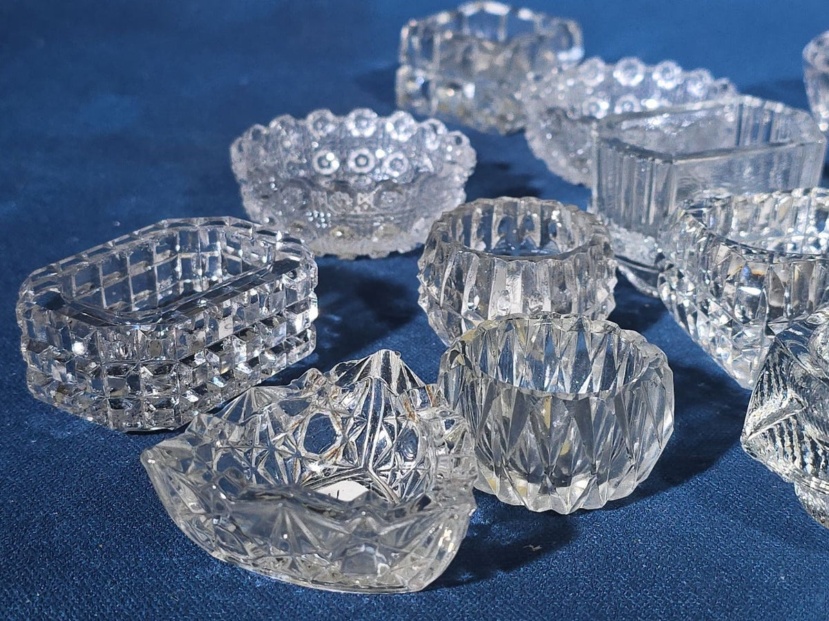 Grouping of 20 Antique and Vintage Pressed and Cut Glass Salt Cellars including Uranium Glass Salt Cellar
