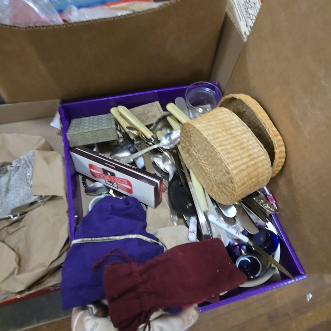 box lot with flatware glass and more